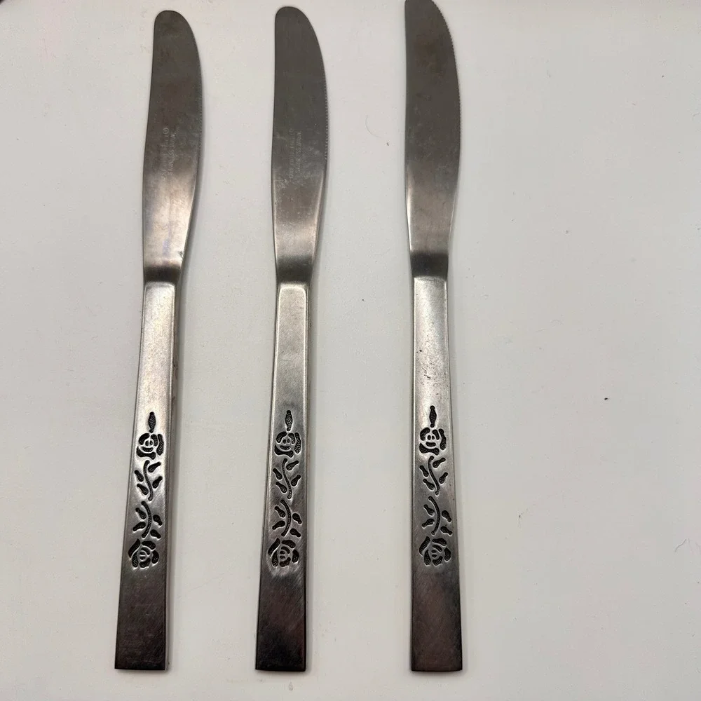 Oxford‎ Hall OXH3 Stainless Dinner Knives Rose Japan vintage Flatware Set of 3